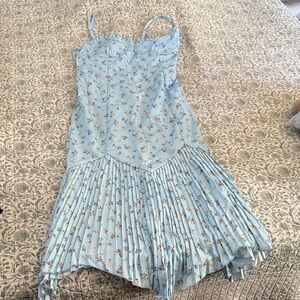 Light Blue Floral Pleated Slip Dress